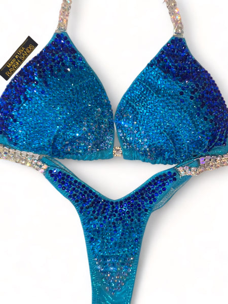 Custom Competition Bikinis Turquoise sapphire  Bling Luxe Molded cup Wellness bikini