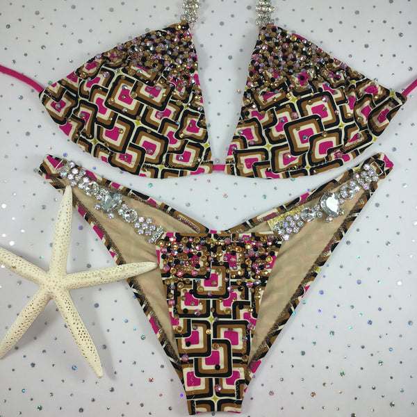 Fuchsia/Tan Square Bubbles Diamond Princess Elite Large standard top/mid coverage colored crystal upgrade(we size bottom to your measurement)