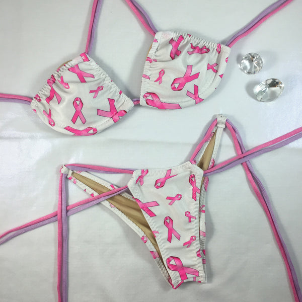 FINAL SALE White/Pink Ribbon Tie String Bikini  Brazilian Cheeky