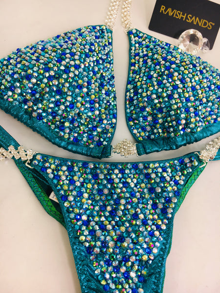 Custom Competition Bikinis Multitone (green/Blues/lava) Swarovski mix