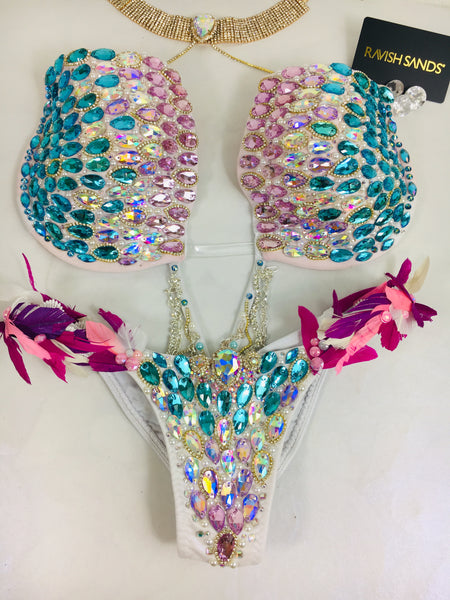 Custom Pastel Teardrop Feather Gem V-cut Bra Themewear bikini $779 or bikini and wings $1300