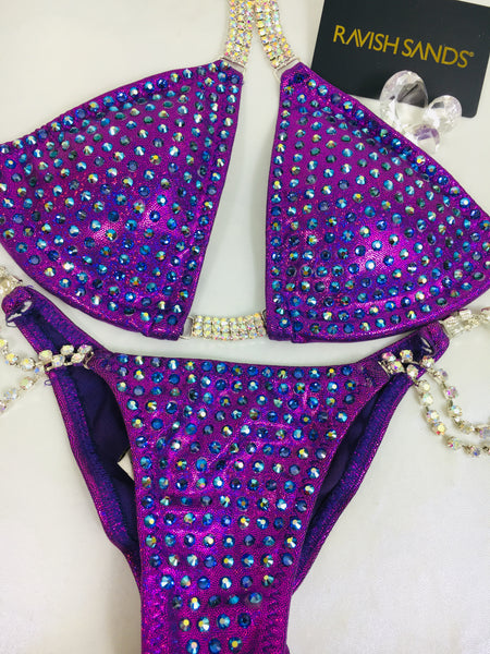 RENTAL #43 New Purple 4 A Cup Skinny Top/Mini Micro cheeky color crystal upgrade (we size bottoms to your measurement)