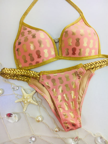 Custom Peachy Gold Pineapple w/fishtail braid and rhinestone accent***(SUIT SOLD PER PIECE OR SET, price varies)
