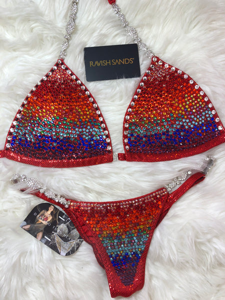 Red Holo Dot Competition Bikini Medium Top/Procut Cheeky Quick Ship