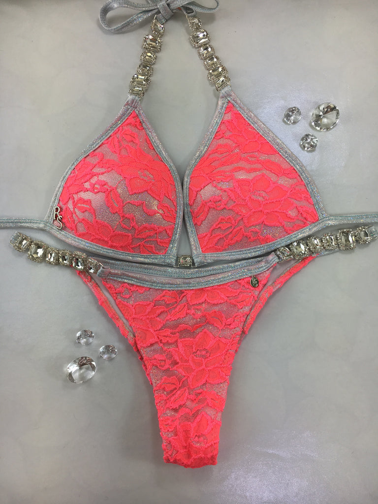 Custom Coral Lace over White Sparkle,  Molded Cup w/embellishment