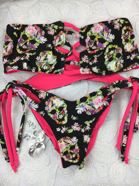 Custom Bandeau Cut Out 4:1 Reversible Flip Its top with tie bottoms skulls bikini ***(SUIT SOLD PER PIECE OR SET, price varies)