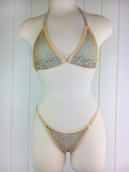 Custom Cream/Baby Blue Lace Pool Party Blue Bling Band Bikini***(SUIT SOLD PER PIECE OR SET, price varies)