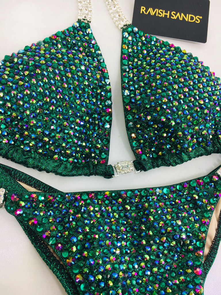 Custom Competition Bikinis Green Bling Luxe