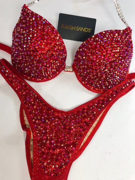 Custom Competition Bikinis Red Bling Luxe Underwire Push up bra Wellness bikini