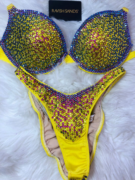 Custom Competition Bikinis “Elegance” Yellow pink Underwire Push up bra Wellness bikini