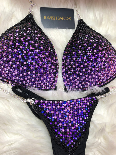 Custom Competition Bikinis “Magestic Gradient” Black purple Lavendar   Molded cup