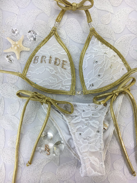 Custom Molded cup, Tie string lace Bride Swarovski bikini Wedding/Honeymoon***(SUIT SOLD PER PIECE OR SET, price varies)