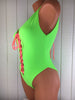 Plunge neck Lace up front/back/ high on hip one piece custom **any color combo