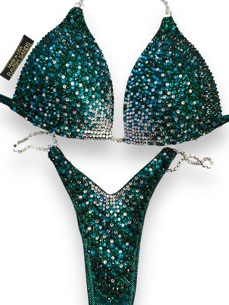 Custom competition Green ziricon cascade (crossover wellness/bikini cut)