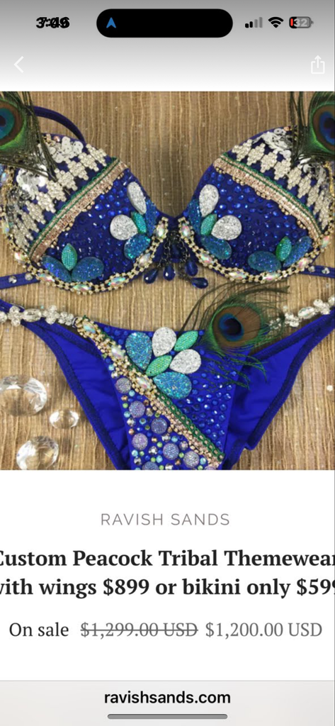 Rush fee ship in 5 weeks for bikini and wings fluffy white medium wing with blue ombre and fluffy peacock , add more gold to bikini