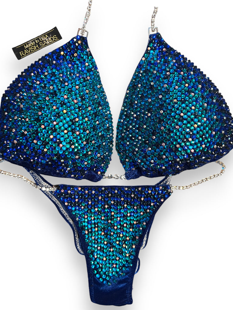 Custom Competition Bikini blue ziricon Velvet Sideways Gradient Luxe