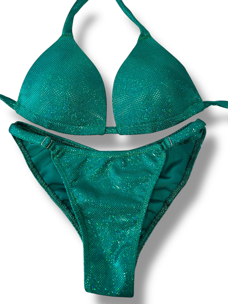 New NPC FIT MODEL DIVISION Custom Posing Bikini (green holo) 50% glute coverage, higher wider front, adjustable slide bottoms