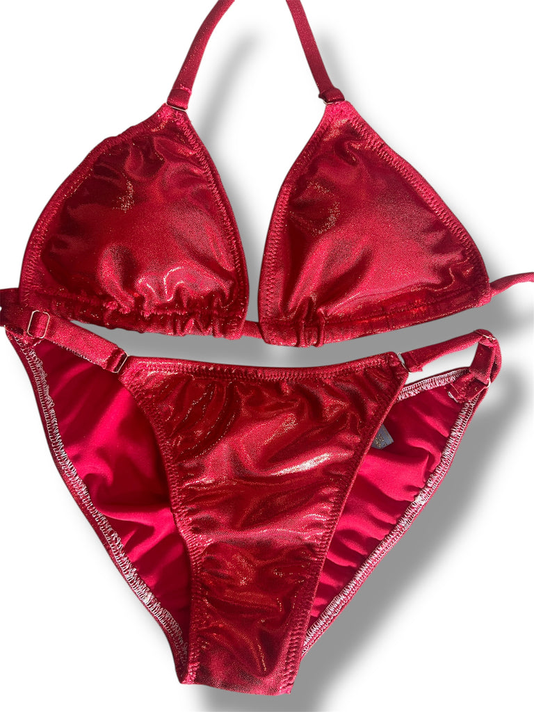 New NPC FIT MODEL DIVISION Custom Posing Bikini (red metallic  ) 50% glute coverage, higher wider front, adjustable slide bottoms