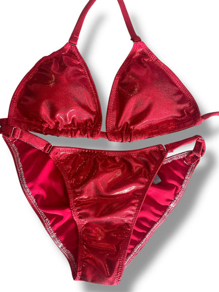 New NPC FIT MODEL DIVISION Custom Posing Bikini (red metallic  ) 50% glute coverage, higher wider front, adjustable slide bottoms
