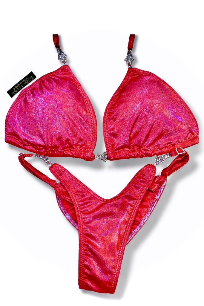 $75  Adjustable slide Custom Posing Bikini (regular triangle) this specific coral fuchsia fabric is on clearance