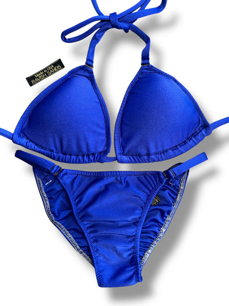 New NPC FIT MODEL DIVISION Custom Posing Bikini (matte blue) 50% glute coverage, higher wider front, adjustable slide bottoms