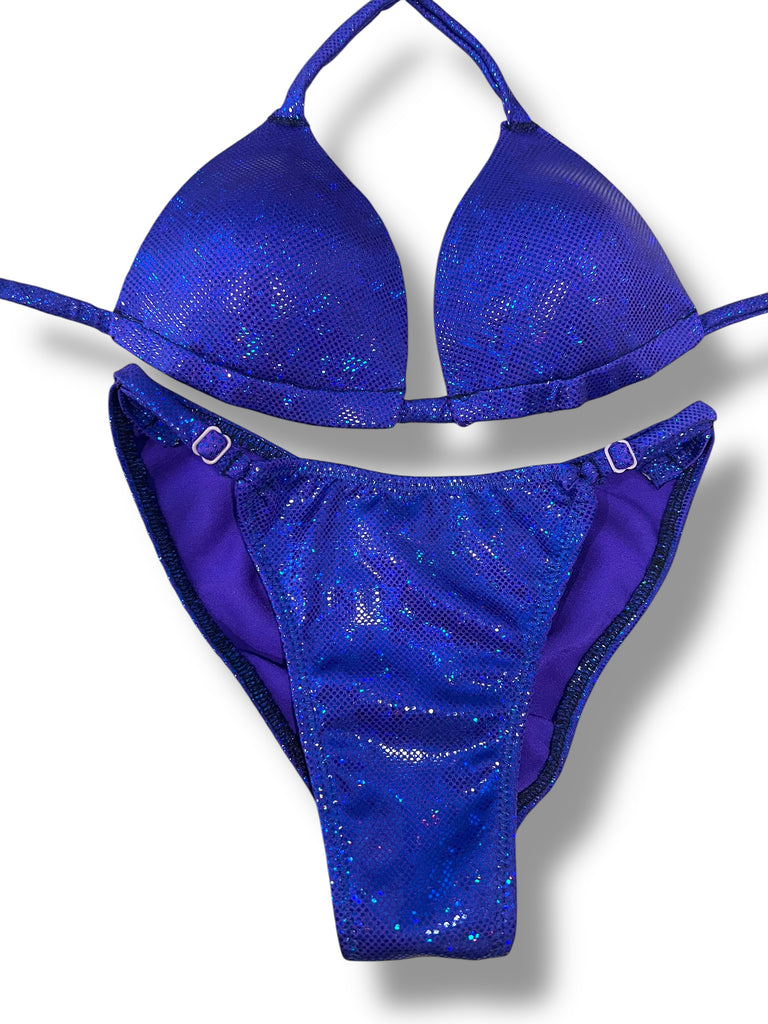 New NPC FIT MODEL DIVISION Custom Posing Bikini (purple blue sg) 50% glute coverage, higher wider front, adjustable slide bottoms