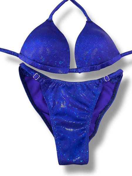 New NPC FIT MODEL DIVISION Custom Posing Bikini (purple blue sg) 50% glute coverage, higher wider front, adjustable slide bottoms