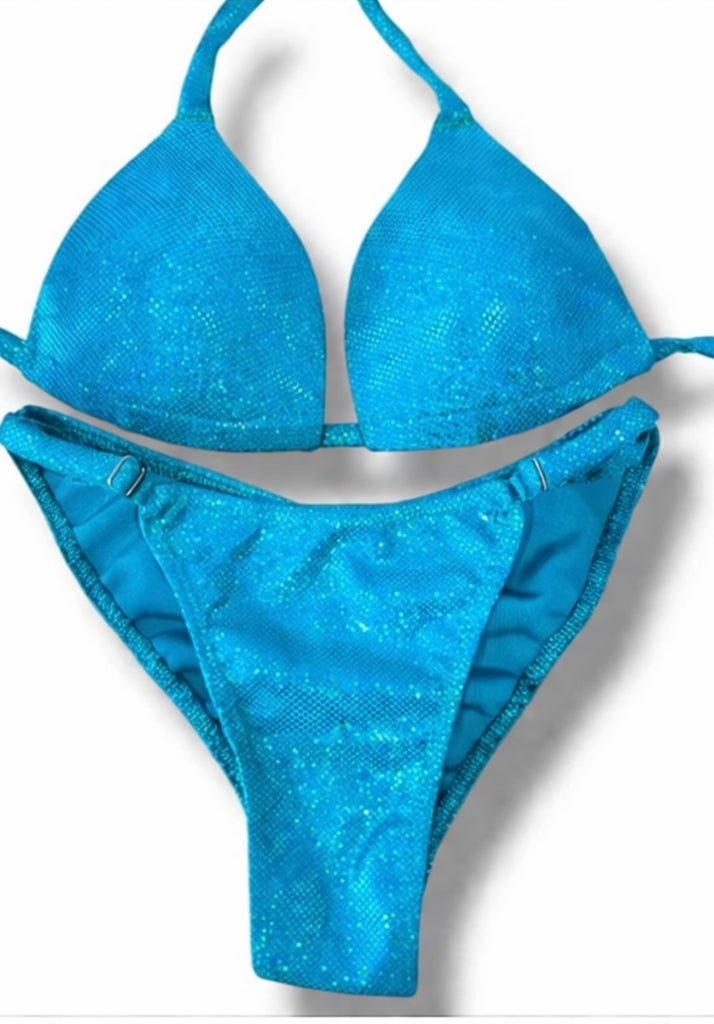New NPC FIT MODEL DIVISION Custom Posing Bikini (turquoise holo) 50% glute coverage, higher wider front, adjustable slide bottoms
