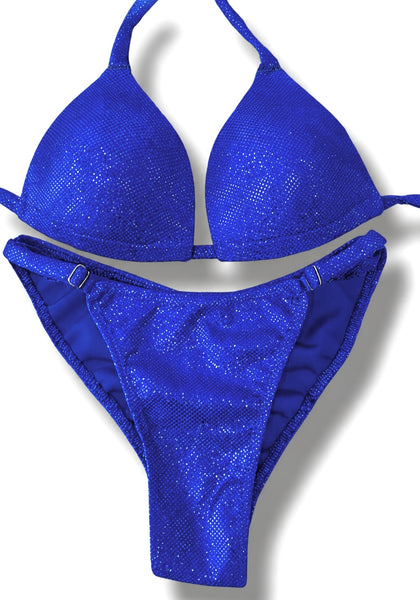 New NPC FIT MODEL DIVISION Custom Posing Bikini (sapphire holo) 50% glute coverage, higher wider front, adjustable slide bottoms