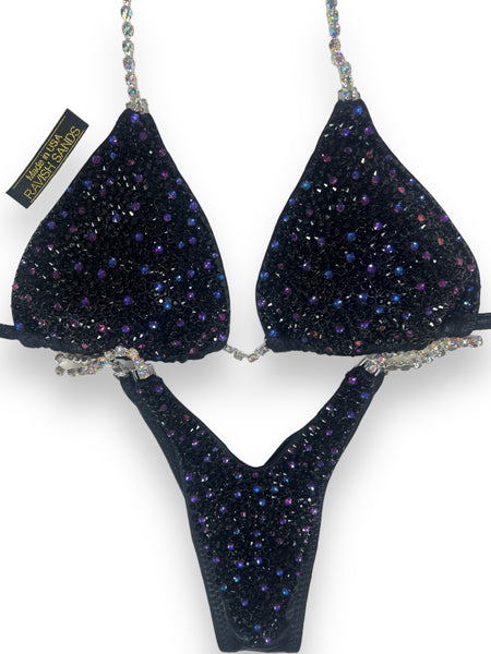 Custom Wellness competition bikini black sprinkle heliotrope