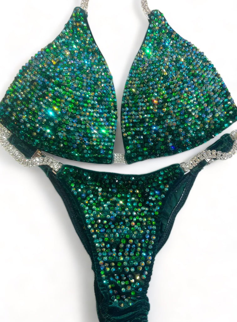 Custom Competition Bikinis green VELVET multi ab Molded cup top