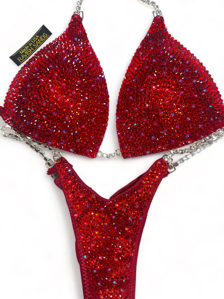 Custom Wellness competition bikini Red w/res ab sprinkle  Molded cup