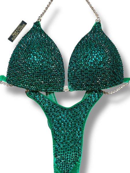 Kelly  Green velvet Custom competition bikini with emerald ziricon