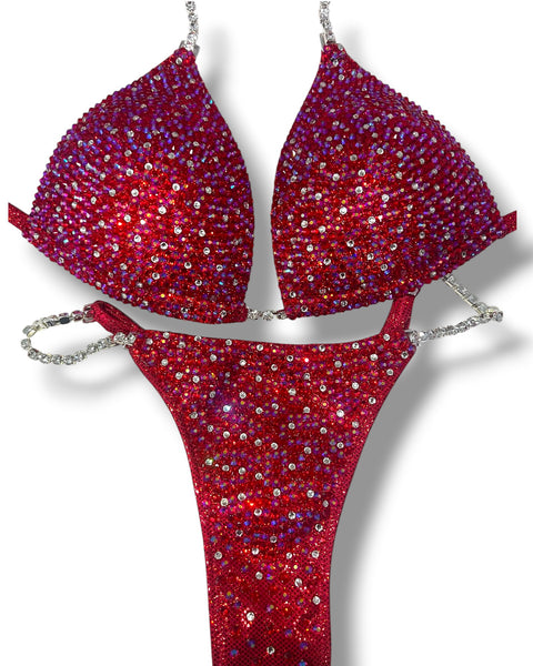 Custom competition bikini Red And Red Ab Diamond Sprinkle Molded cup