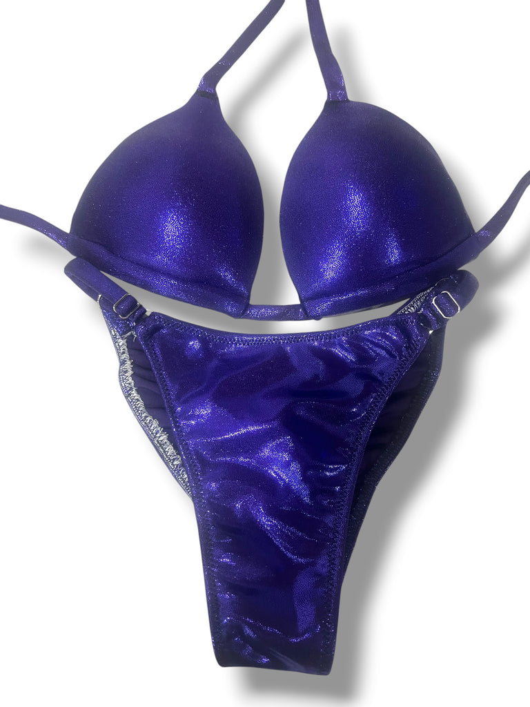 New NPC FIT MODEL DIVISION Custom Posing Bikini (dark purple metallic) 50% glute coverage, higher wider front, adjustable slide bottoms