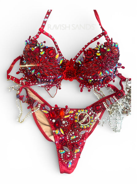 Rental Red WBFF/FMG bikini with cut out and rhinestone dangles   B/c cup (petite frames with small d can wear and will have cleavage) Standard front  Brazilian cheeky