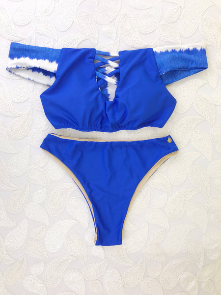 Custom Blue Dutchess Off the Shoulder Highwaisted Bikini 2:1 (NO Scrunch Butt)