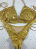 Gold Metallic Elite Bling Bomshell color crystal upgrade quick ship large top/ brazilian cheeky (we size bottom to your measurement)