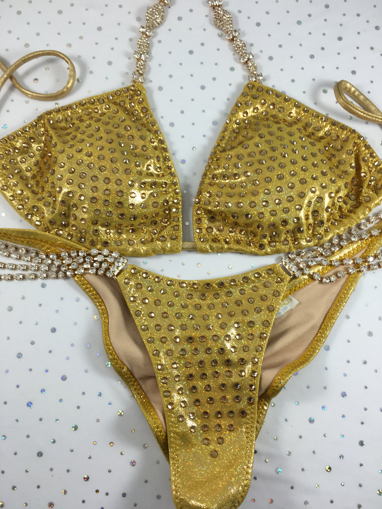 Gold Metallic Elite Bling Bomshell color crystal upgrade quick ship large top/ brazilian cheeky (we size bottom to your measurement)