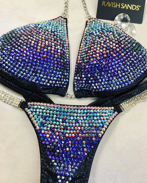 Custom Competition Bikini Black Purple Pink Blue Sparkle Gradient Ombre