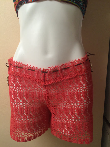 Burnt Orange crochet coverup short with drawstring