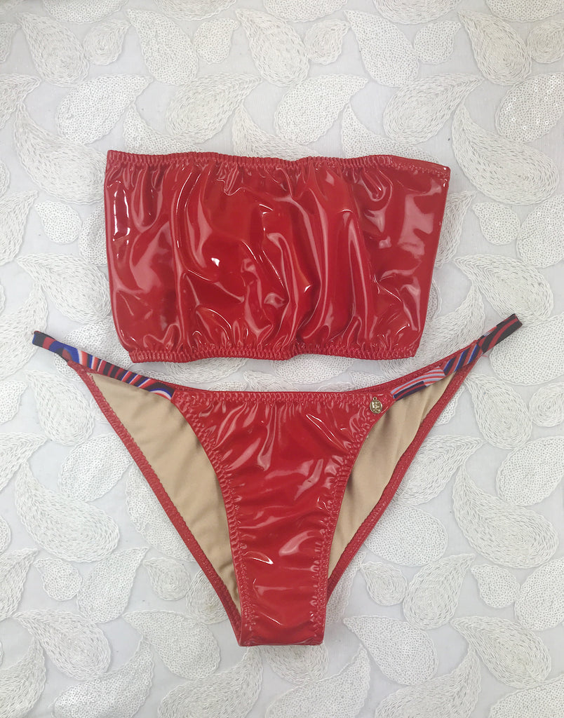 Red Vinyl Hook Back Seamless Bikini Quick Ship Brazilian NO Scrunch Butt
