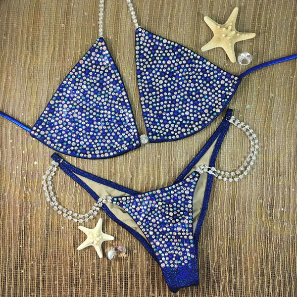 FLASH SALE Blue/Black Sparkle color crystal upgrade quick ship large skinny top/micro cheeky (we size bottom to your measurement)