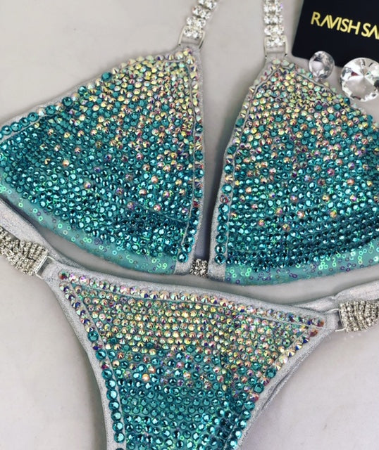 Custom Competition Bikini Turquoise Aqua Gradient Luxe Swarovski Mix