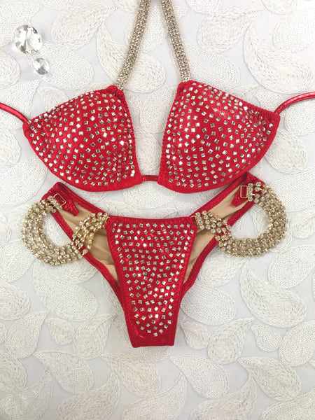 Custom Made Red Metallic Square Crystals Competition Bikini