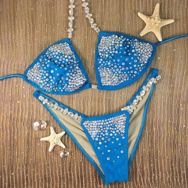 Matte Teal Bubbles Diamond Princess Starburst Medium standard Top/midcoverage cheeky color crystal upgrade (we size bottoms to your measurement)