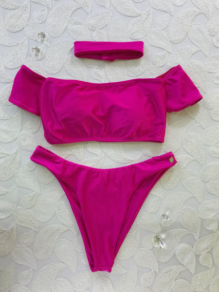Fuchsia Off the Shoulder V Cut Bikini w/choker Brazilian NO Cheeky (***custom option now available any fabric combo) since quickship SOLD OUT!