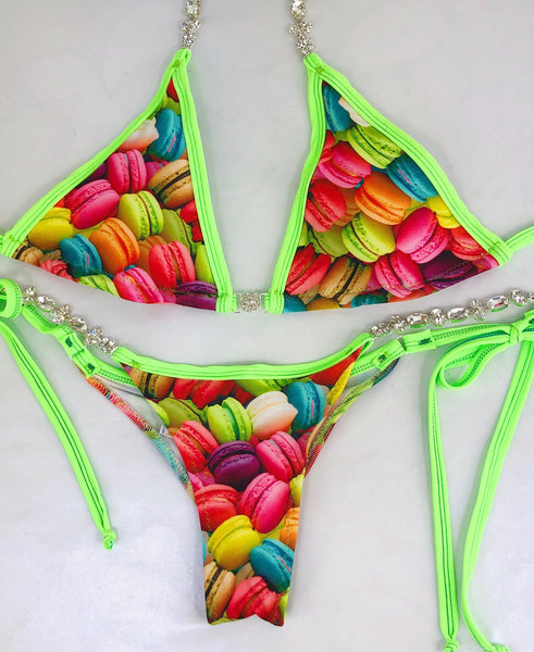 Custom Macarons Posing Bikini w/tie string and embellishment (any color trim)