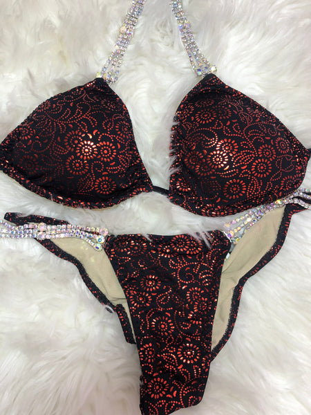 Red and Black Floral Bikini Midcoverage Cheeky Quickship