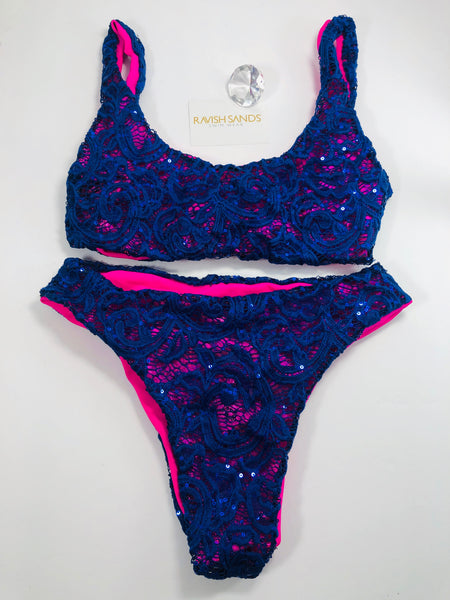 Blue Pink Sequin Highwaisted Flip It Bikini Brazilian(NO Cheeky/Scrunch)